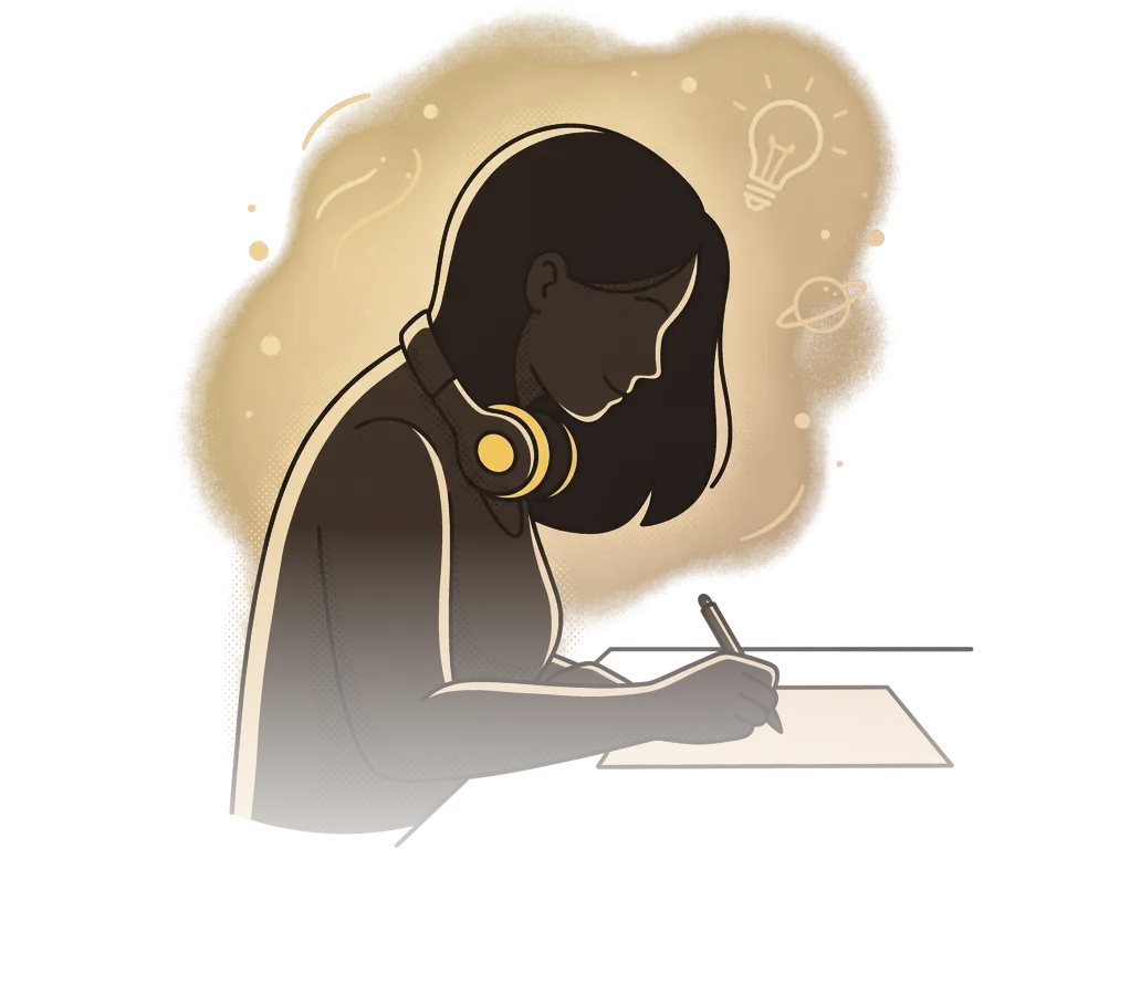 A creator writing at her desk