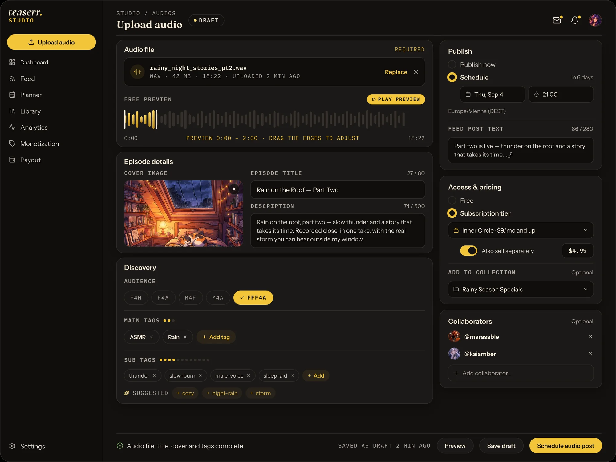 Teaserr Studio upload screen — audio file, cover, price and release time